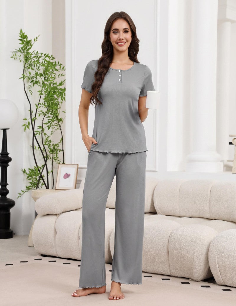 ekouaer-ribbed-henley-pyjama-silber-grau-kurzarm-taschen image 1