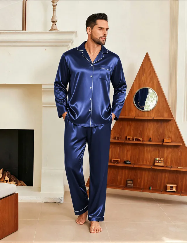 ekouaer-men-satin-pyjama-set-langarm-schwarz-gr-m image 1