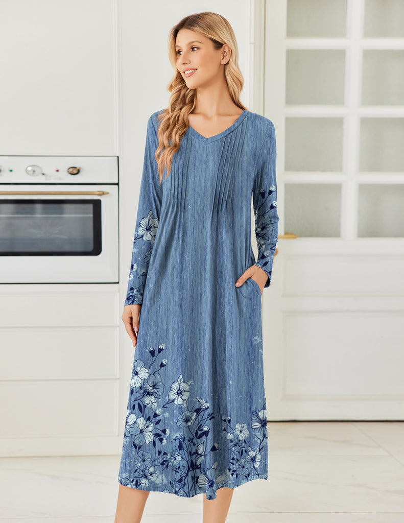 ekouaer-nightgowns-nachthemd-blumen-langarm-lang-plissee image 1