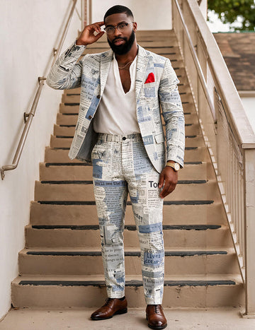 ekouaer-men-newspaper-print-anzug-blazer-hose-slim image 3