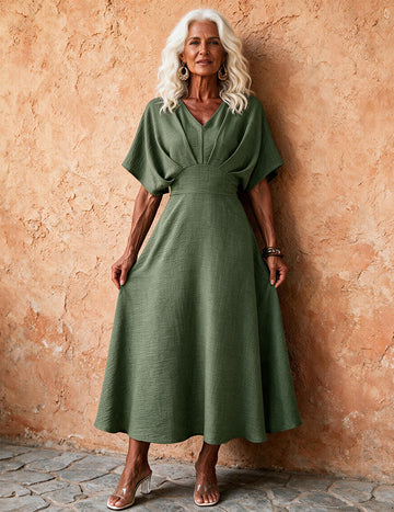 ekouaer-v-neck-midi-kleid-kurzarm-moosgr-n image 3