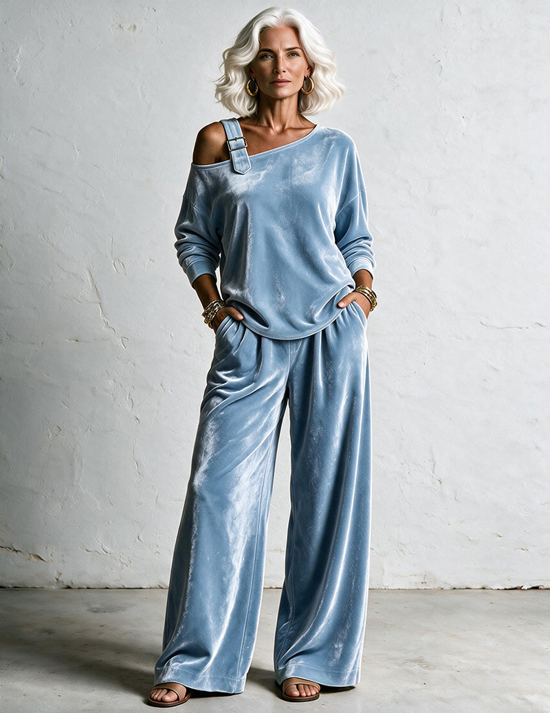 ekouaer-velvet-one-shoulder-hausanzug-samt-khaki-2-tlg image 6