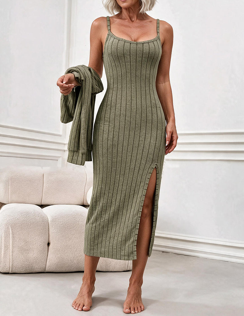 ekouaer-nightgowns-bodycon-kleid-set-hellgrau-mit-cardigan image 3