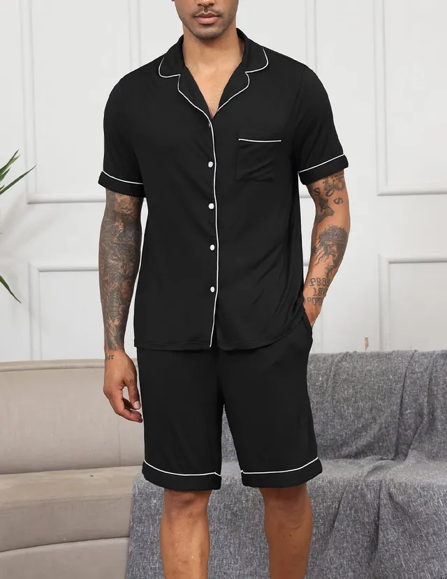 ekouaer-men-notch-pyjama-schwarz-kurzarm-viskose image 1