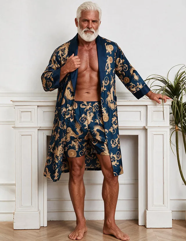 ekouaer-men-kimono-satin-drachenprint-shorts-schwarz image 1