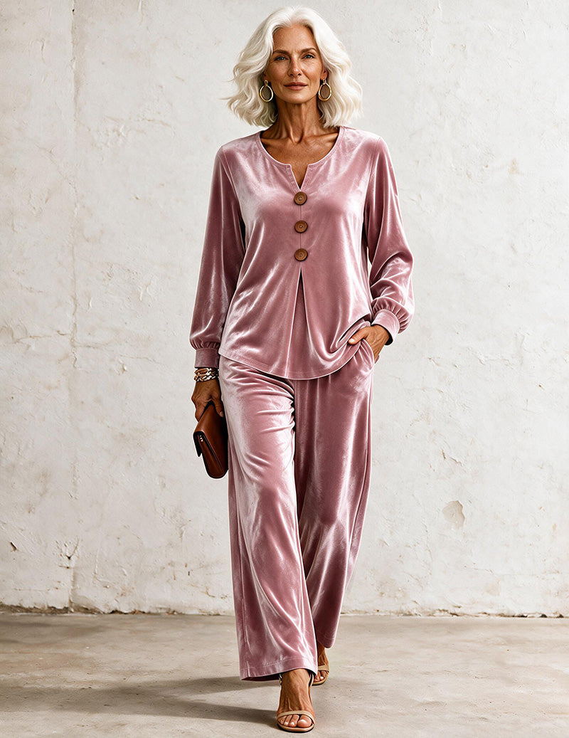 ekouaer-velvet-v-neck-schlafanzug-samt-wide-leg-pink image 5