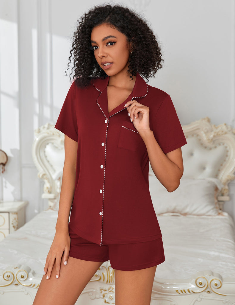 ekouaer-pajama-sets-schlafanzug-damen-kurzarm-kragen-paspel image 1