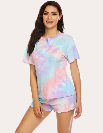 ekouaer-tie-dye-pajamas-set-schlafanzug-kurzarm-baumwolle image 3