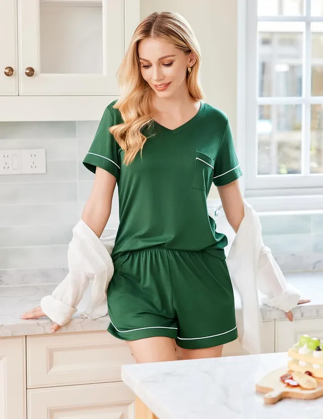 ekouaer-pajama-sets-soft-v-neck-pyjama-shorts-set-mit-tasche image 1