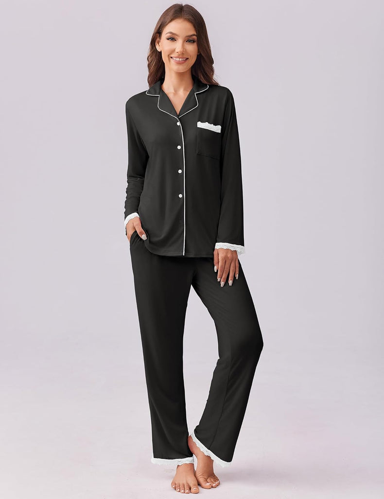 ekouaer-pajama-sets-schlafanzug-damen-langarm-knopfleiste-spitze image 1